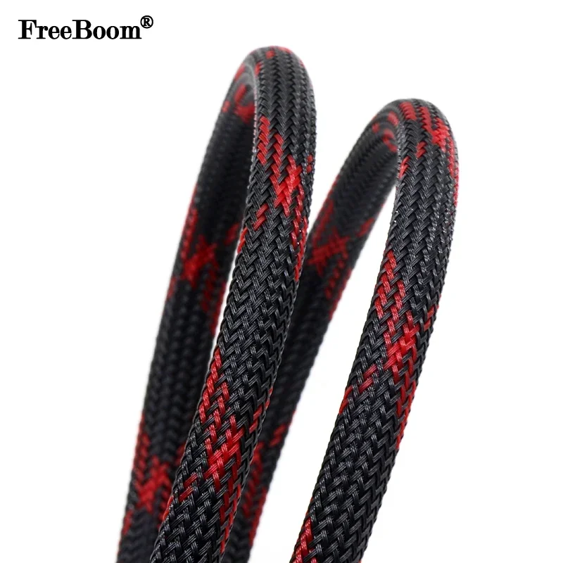 Cable Sleeve Braided - 1~50m Black-Red Cross PET Braid Sleeves